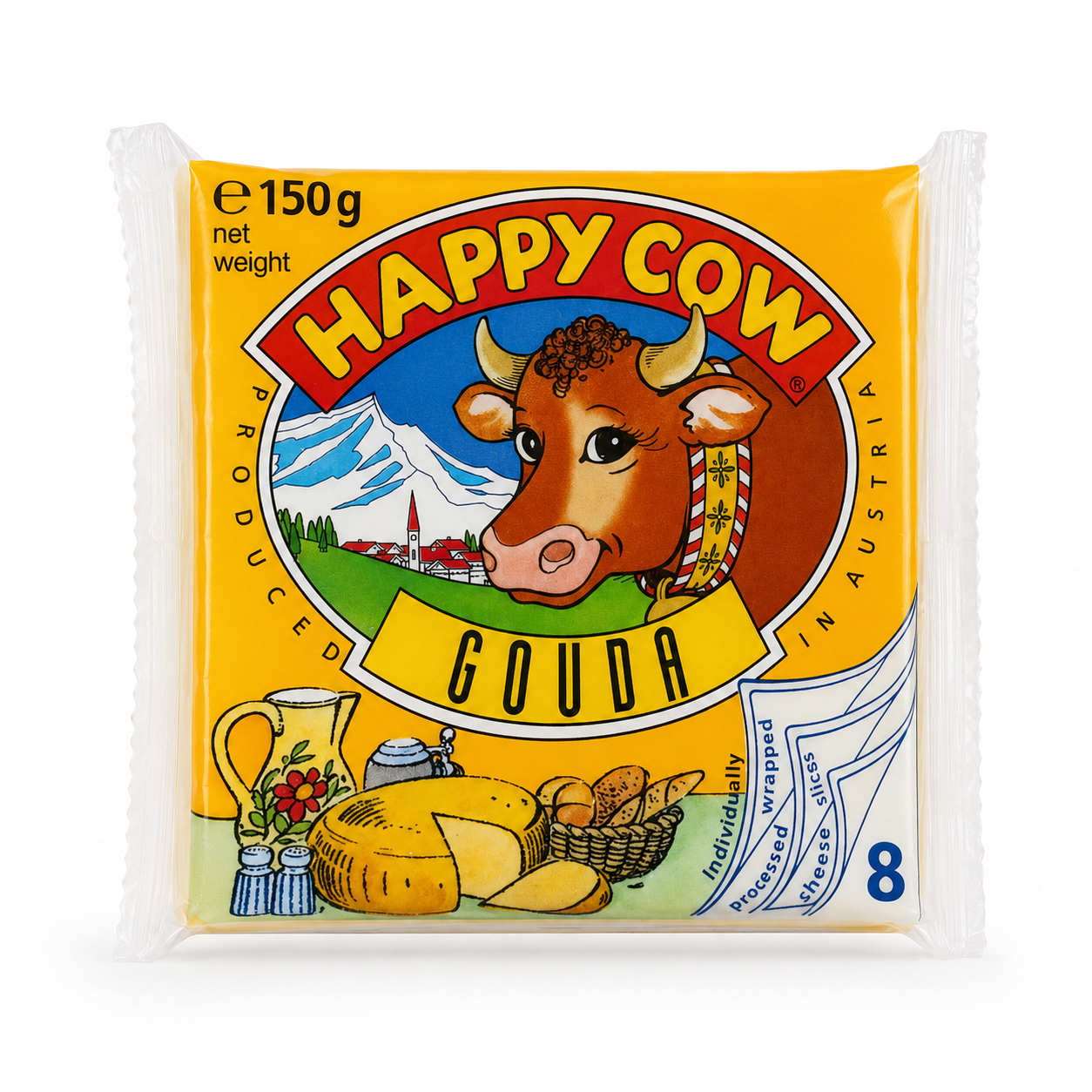 Happy Cow Gouda Cheese Slices 8 Count 150g product package on white background