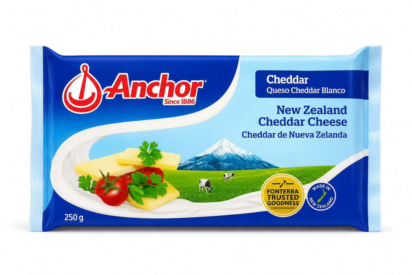 Anchor New Zealand Cheddar Cheese 250g product package on white background