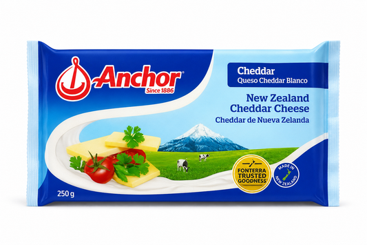 Anchor New Zealand Cheddar Cheese 250g product package on white background
