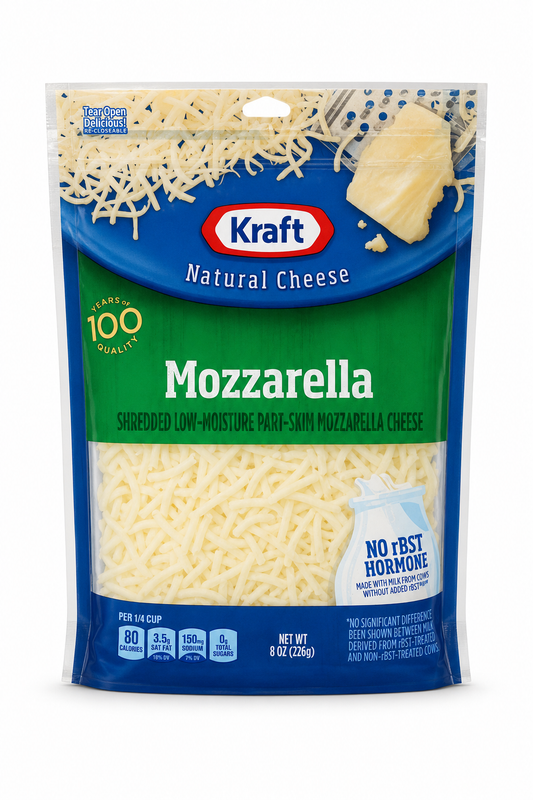 Kraft Shredded Mozzarella Cheese 8 oz product package on white background