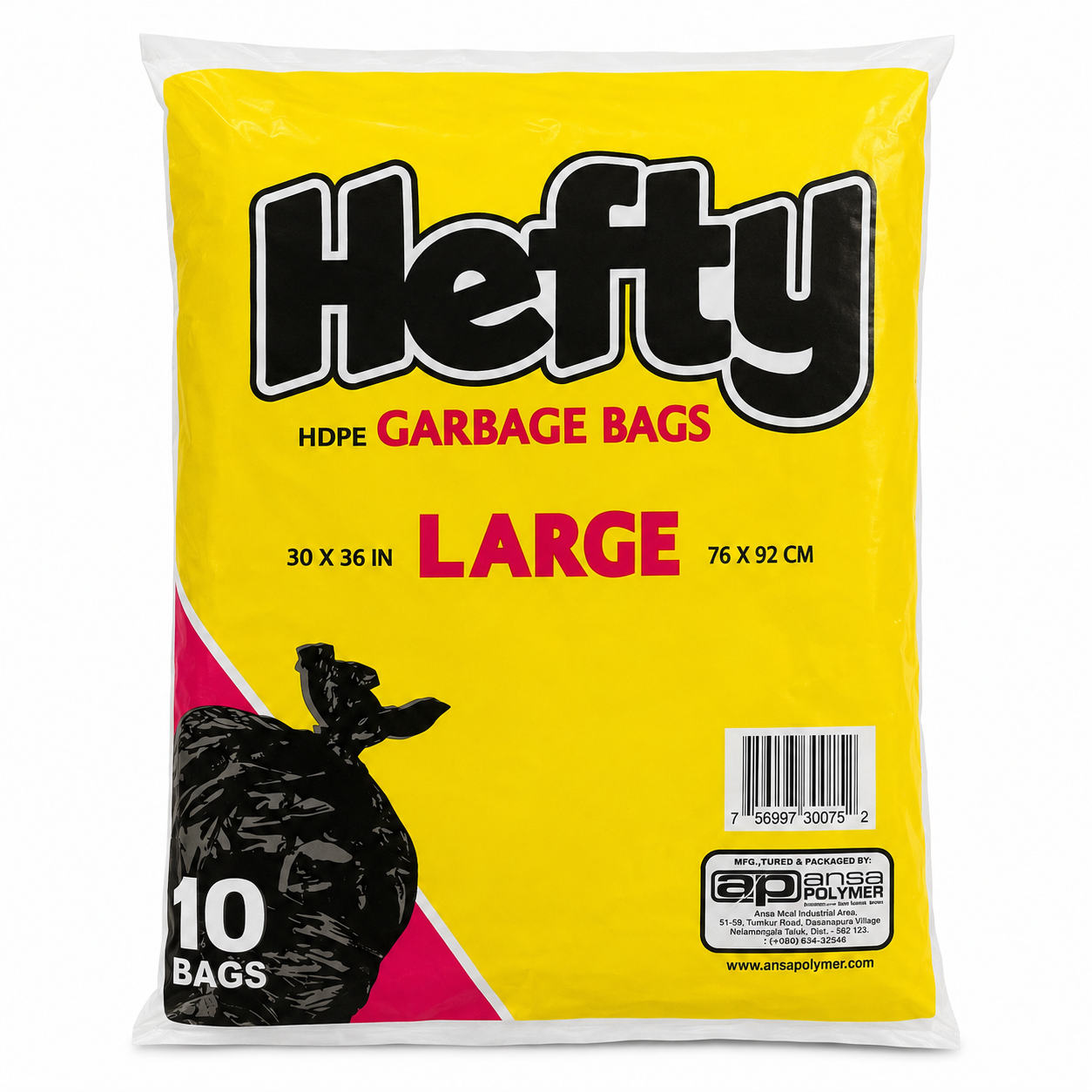 Hefty Large HDPE Garbage Bags 30 x 36 in - 10 Count product image on a white background