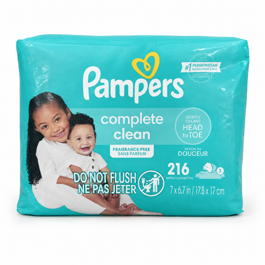 Pampers Complete Clean Fragrance-Free Baby Wipes 216 Count product image on a white background