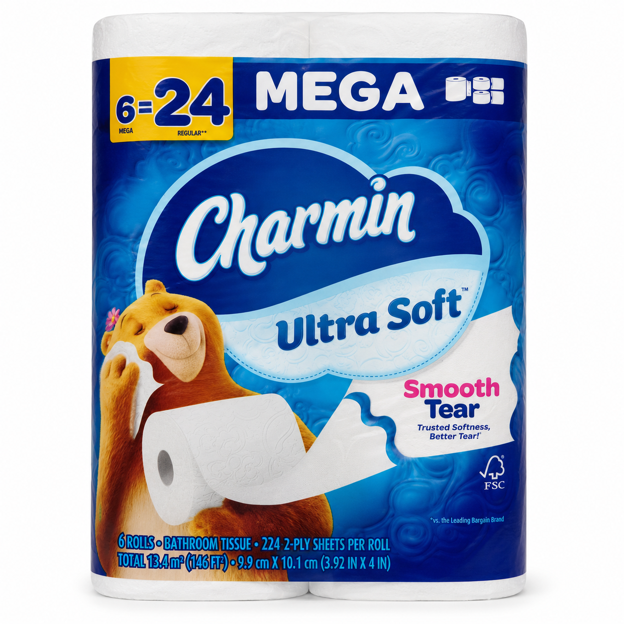 Charmin Ultra Soft Smooth Tear 2-Ply Bathroom Tissue - 6 Mega Rolls product image on a white background