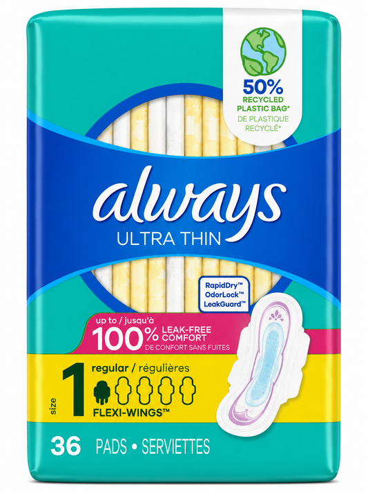 Always Ultra Thin Regular Size 1 Pads 36 Count Yellow Pack