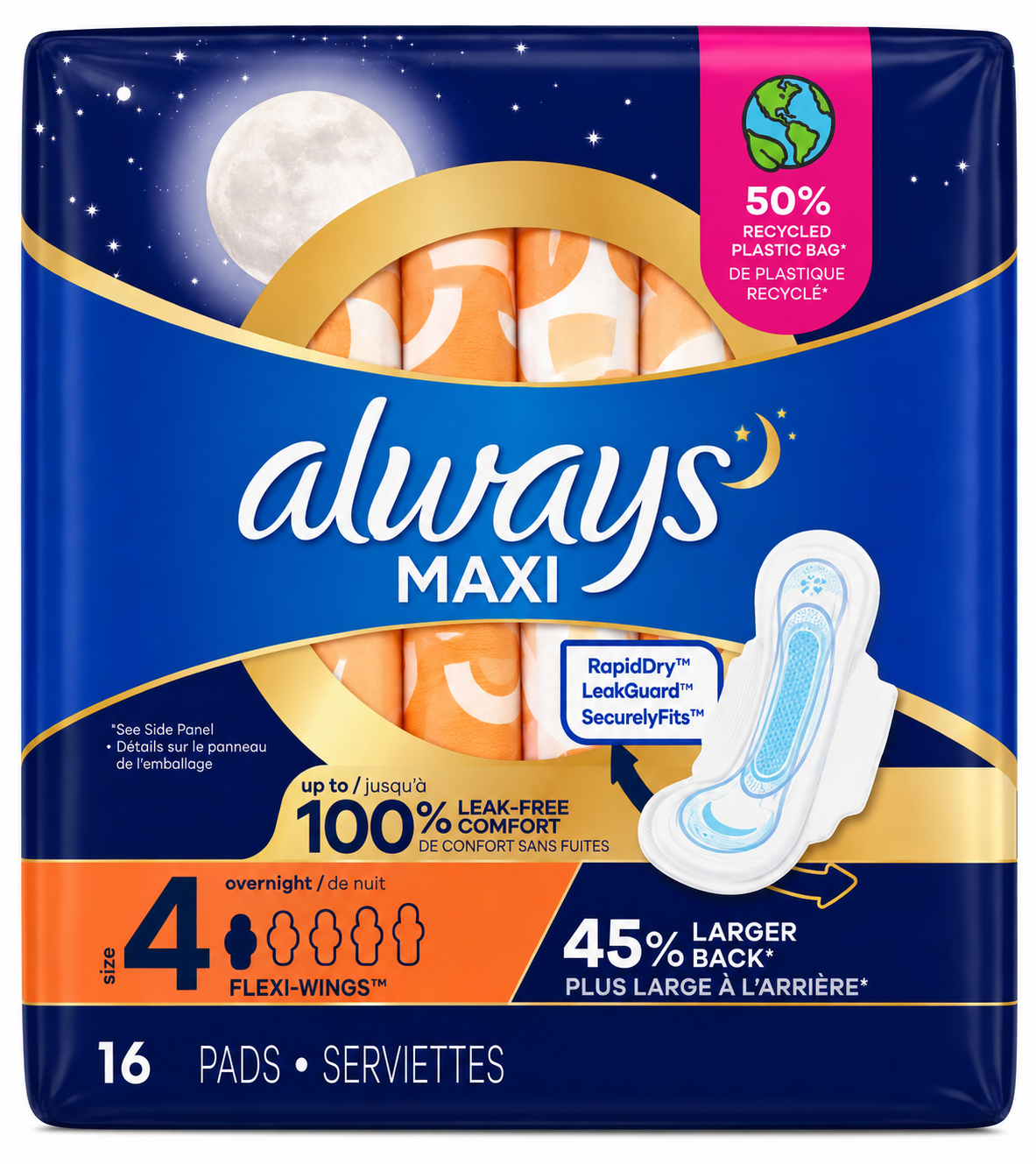 Always Maxi Overnight Size 4 Pads 16 Count