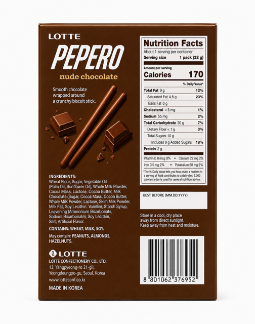 Lotte Pepero Nude Chocolate Filled Biscuit Sticks, 1.13 oz (32 g)