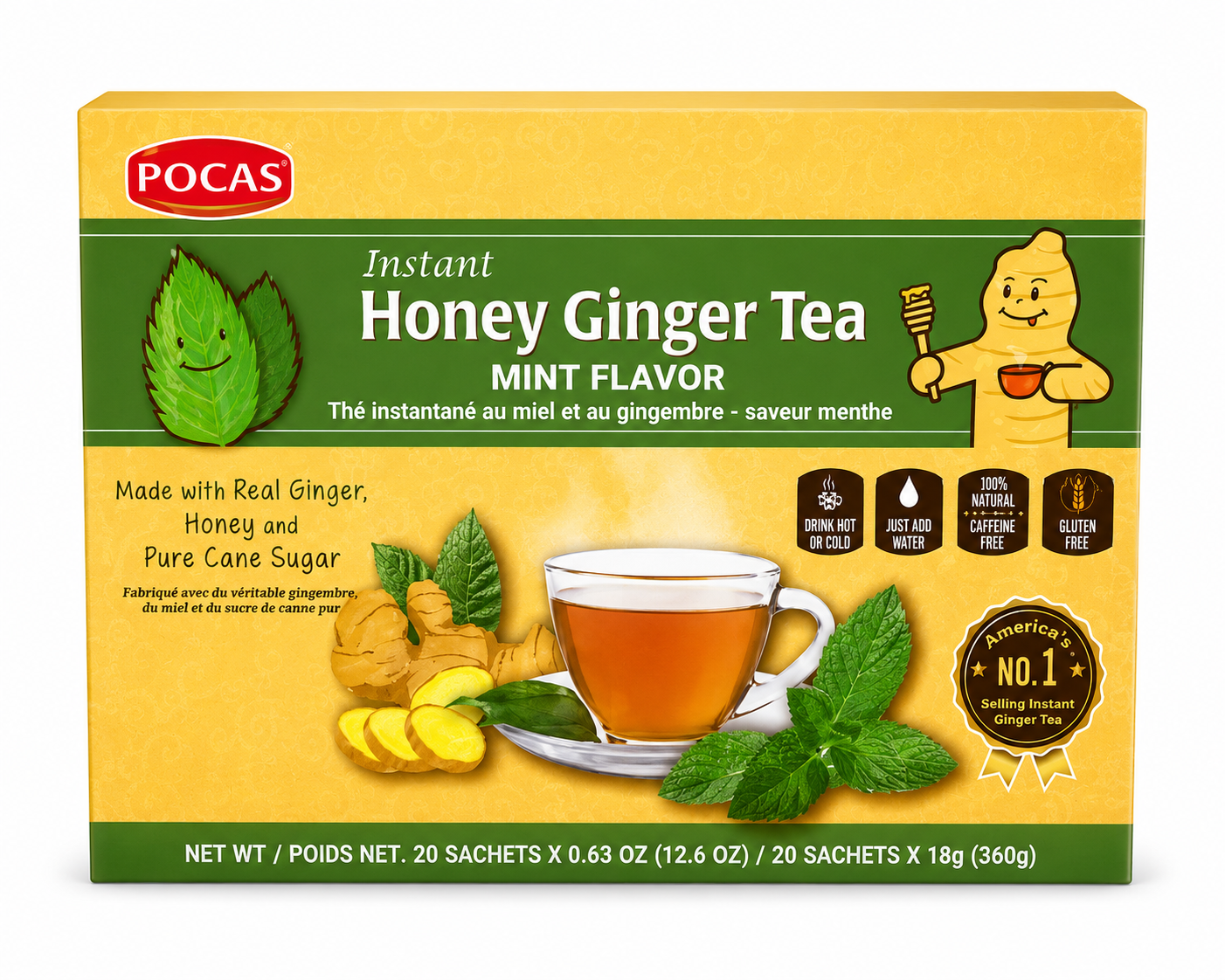 Pocas Instant Honey Ginger Tea Mint Flavor 20 Sachets
