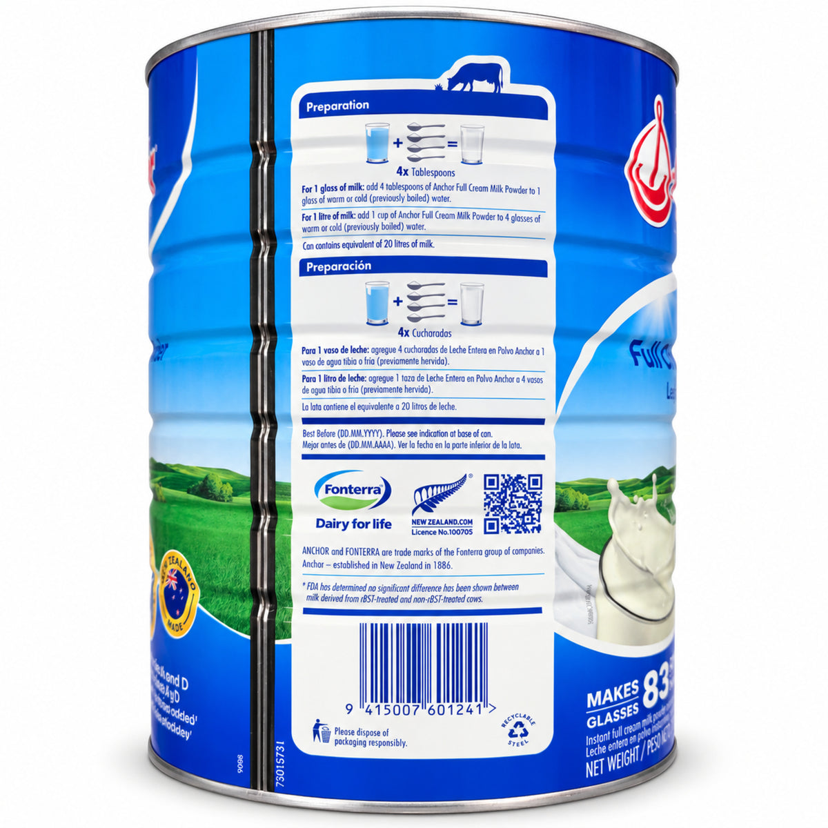 Anchor Full Cream Milk Powder 2.5 kg – preparation and barcode