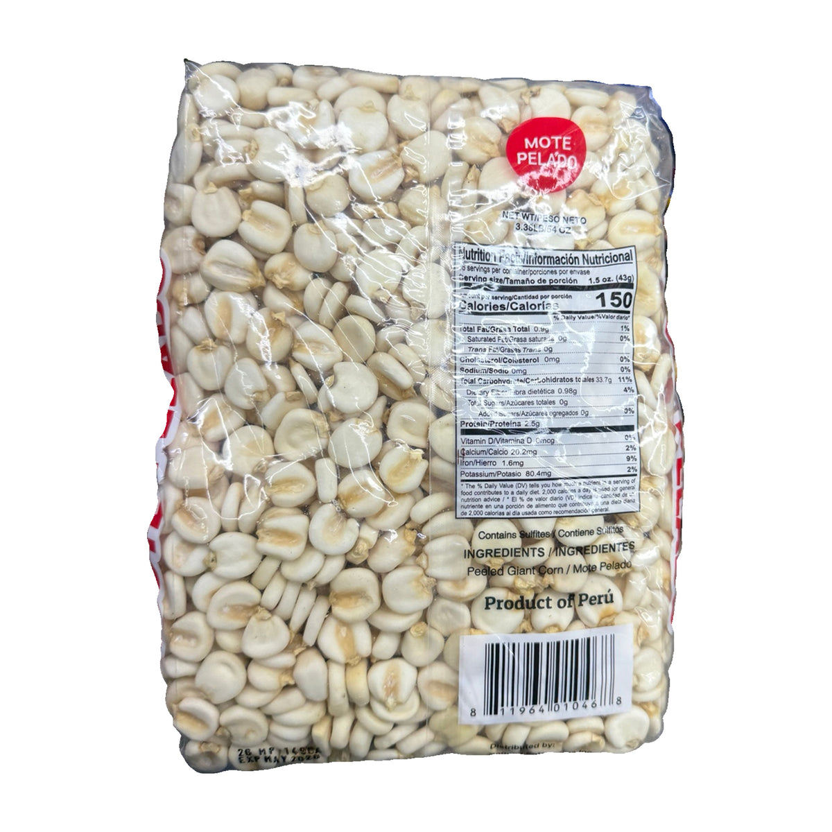 Begopa Mote Pelado (Peeled Giant Corn) – 54 oz back packaging with original ingredients, nutrition facts and barcode on white background