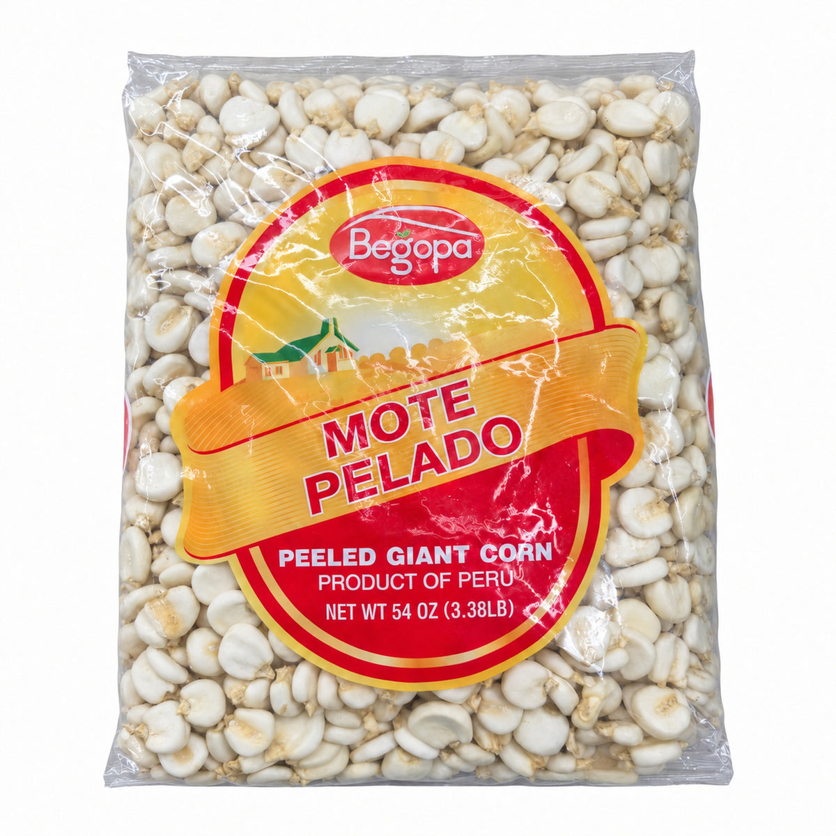 Begopa Mote Pelado Peeled Giant Corn 54 oz front packaging on white background