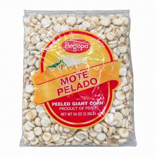 Begopa Mote Pelado Peeled Giant Corn 54 oz front packaging on white background