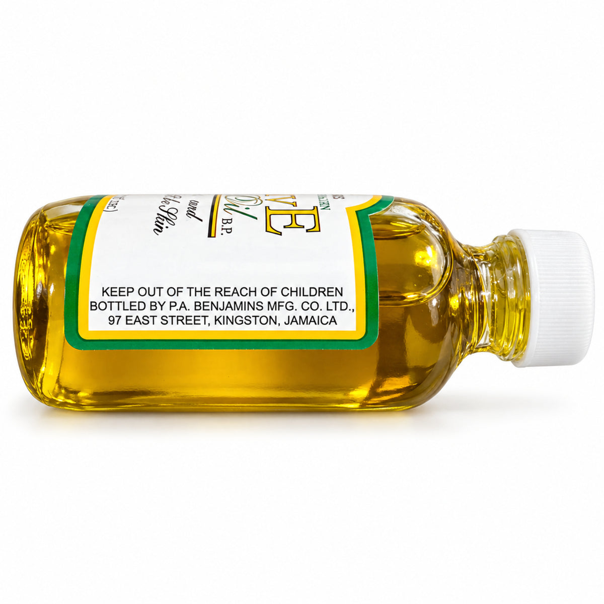 Benjamins Olive Oil B.P. side label with manufacturer and child safety warning