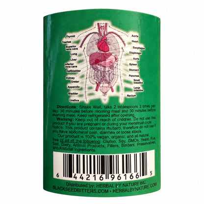 Organic Black Seed Detox Bitters directions, warnings and UPC label detail on white
