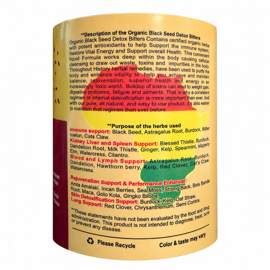 Organic Black Seed Detox Bitters manufacturer label detail on white