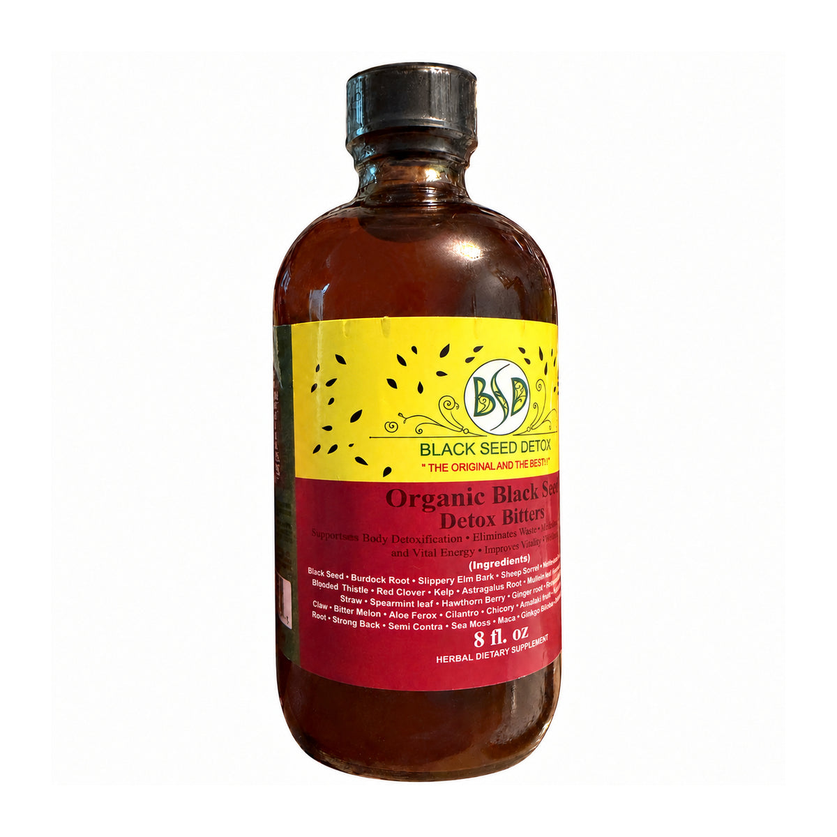 Organic Black Seed Detox Bitters 8 fl oz bottle, white background