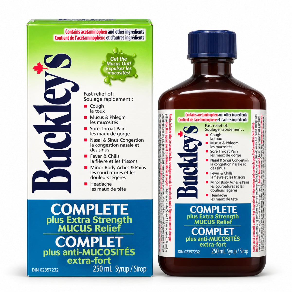 Buckley’s Complete Plus Extra Strength Mucus Relief Syrup 250 mL bottle and carton
