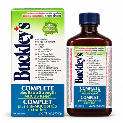 Buckley’s Complete Plus Extra Strength Mucus Relief Syrup 250 mL bottle and carton