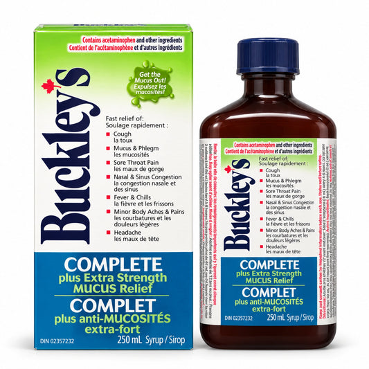 Buckley’s Complete Plus Extra Strength Mucus Relief Syrup 250 mL bottle and carton