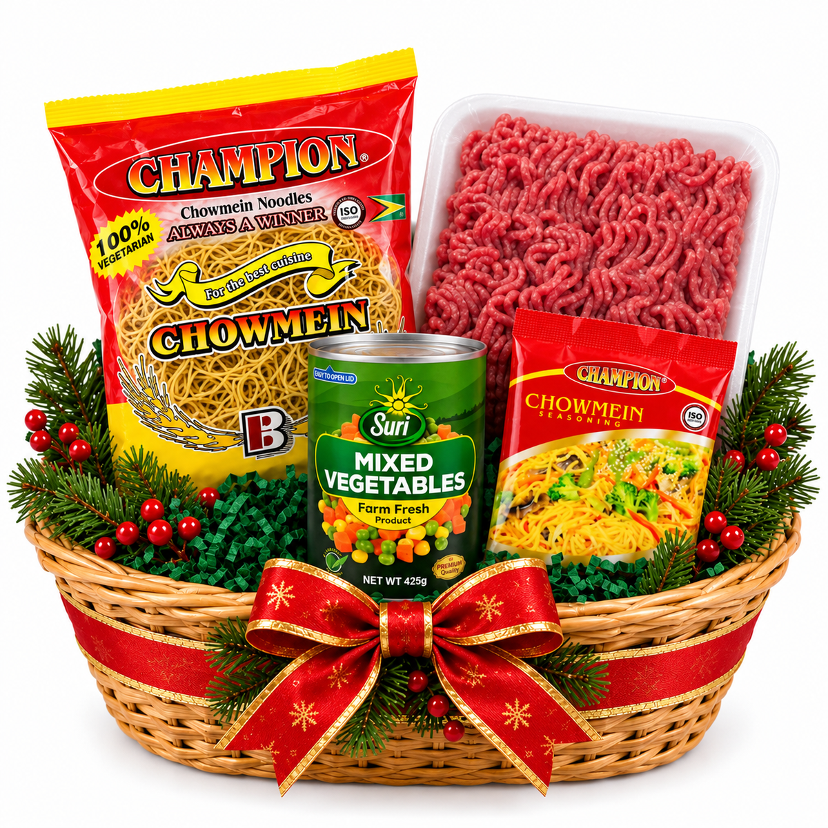Chow- Mein and Mince Beef — basket composition on white background