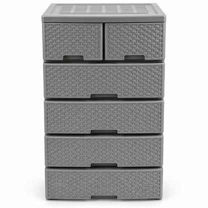 Grey six-drawer rattan-effect plastic cabinet, full front view