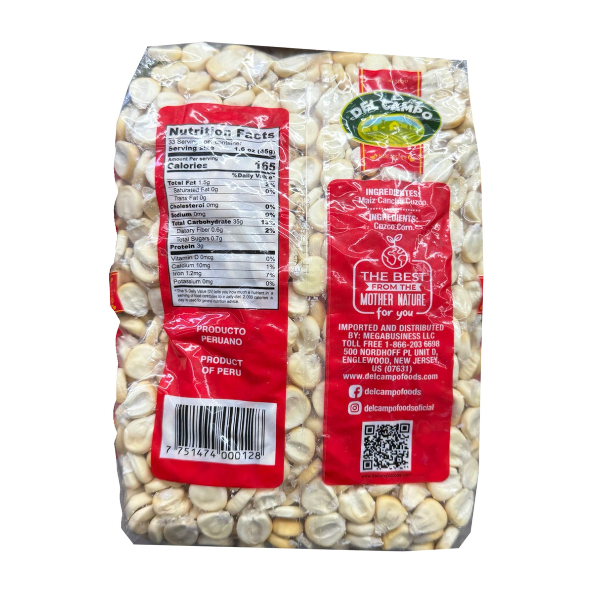 Del Campo Cuzco Corn (Maíz Cancha Cuzco) – 54 oz back packaging with original ingredients, nutrition facts and barcode on white background