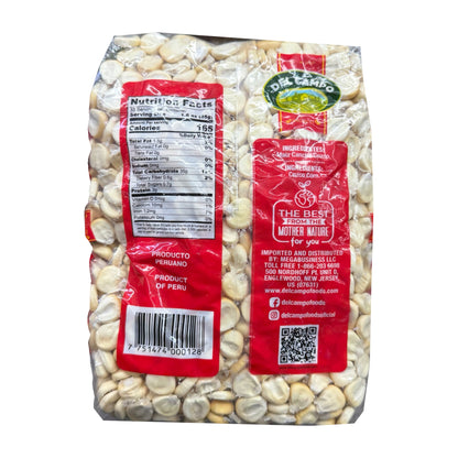 Del Campo Cuzco Corn (Maíz Cancha Cuzco) – 54 oz back packaging with original ingredients, nutrition facts and barcode on white background