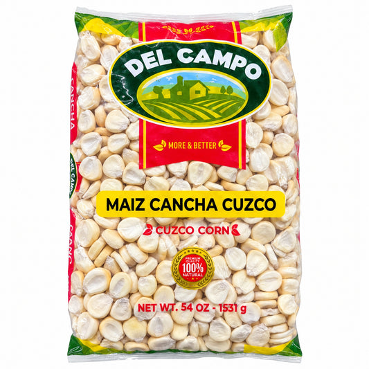 Del Campo Cuzco Corn (Maíz Cancha Cuzco) – 54 oz front packaging on white background