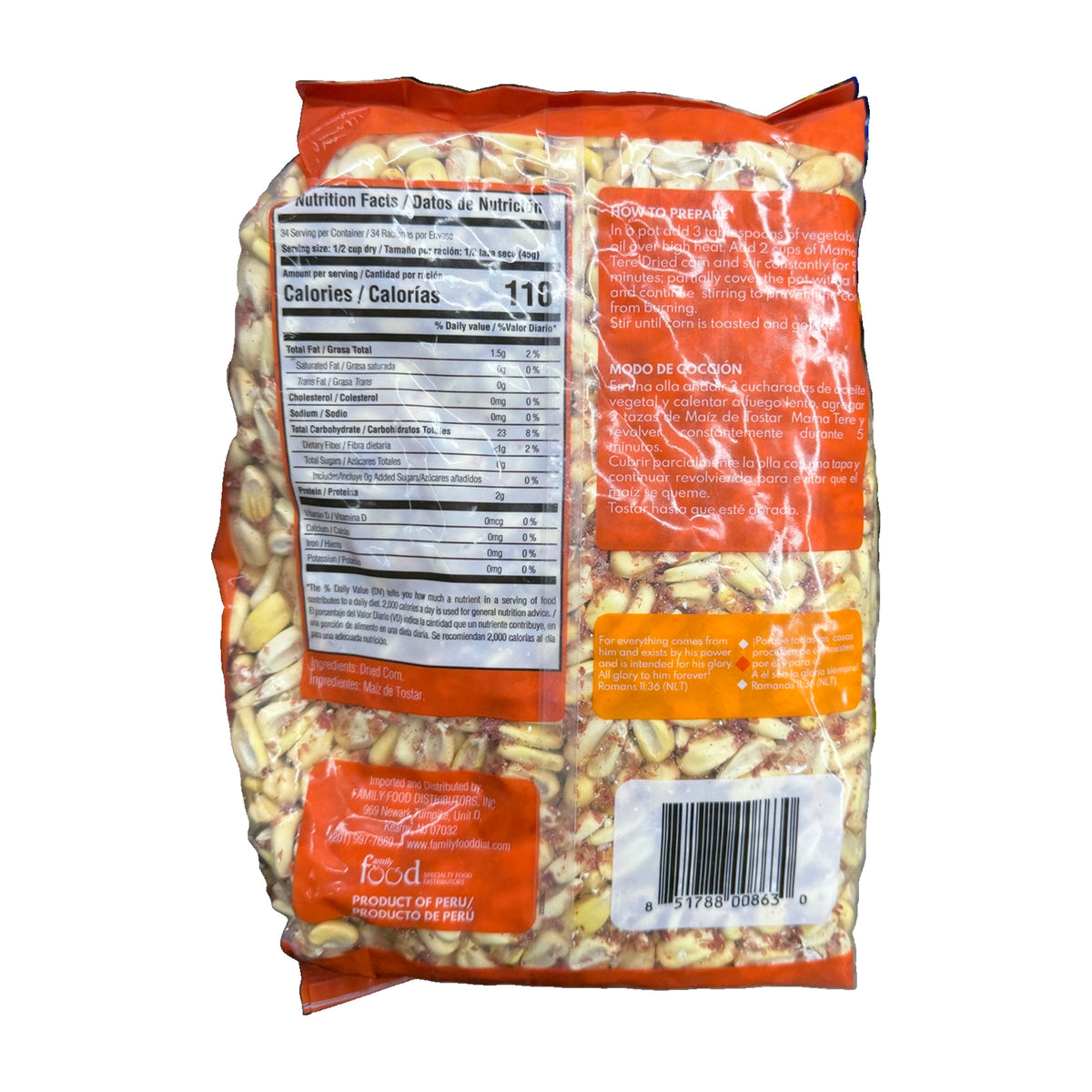 Mama Tere Dried Corn (Maíz de Tostar) – 54 oz back packaging with original ingredients, nutrition facts and barcode on white background