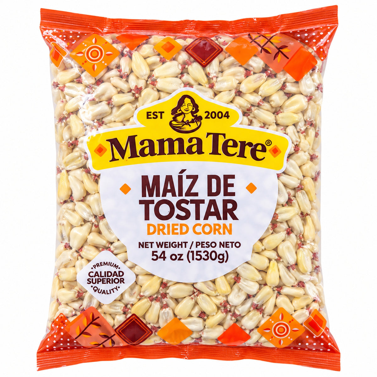 Mama Tere Dried Corn (Maíz de Tostar) – 54 oz front packaging on white background