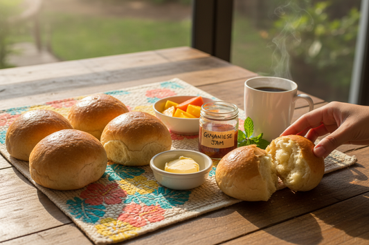 Guyanese Tennis Rolls – Soft, Sweet & Shelf-Stable (Pack of 6) on a breakfast table setting