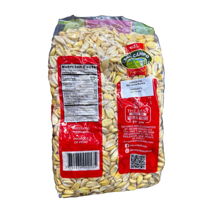 Del Campo Mountain Corn (Maíz Cancha Montaña) – 54 oz back packaging with original ingredients, nutrition facts and barcode on white background