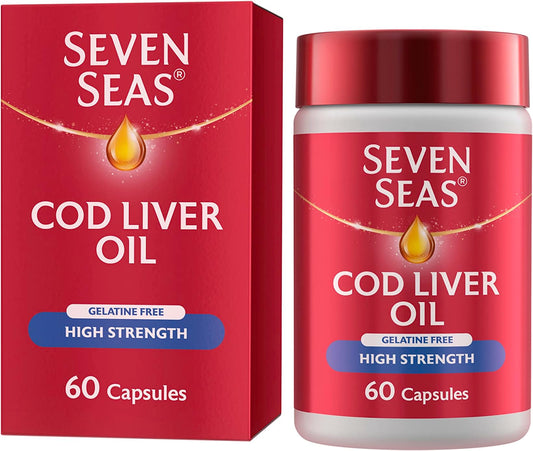 Seven Seas Cod Liver Oil Capsules – High Strength Gelatine Free – 60 Capsules | Omega-3 Vitamins A & D