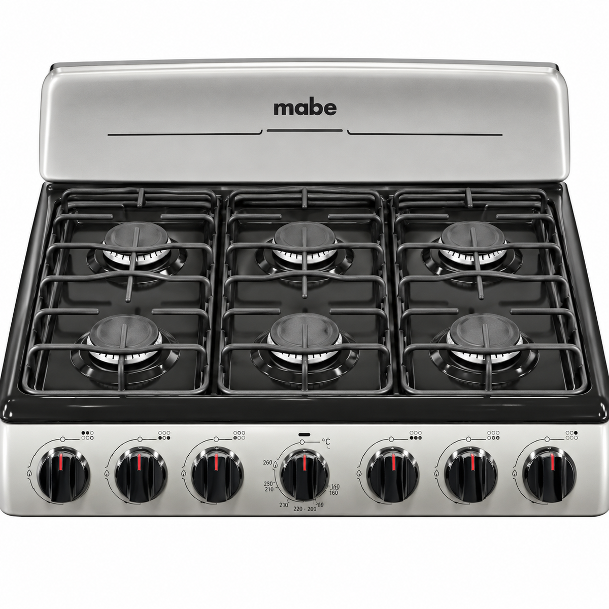 Mabe six-burner cooktop and front rotary controls detail