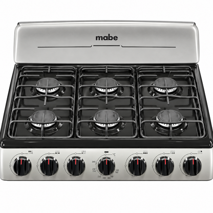 Mabe six-burner cooktop and front rotary controls detail