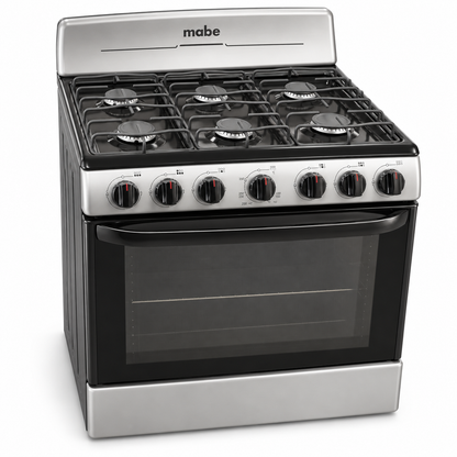 Mabe 30-inch six-burner gas range in silver and black