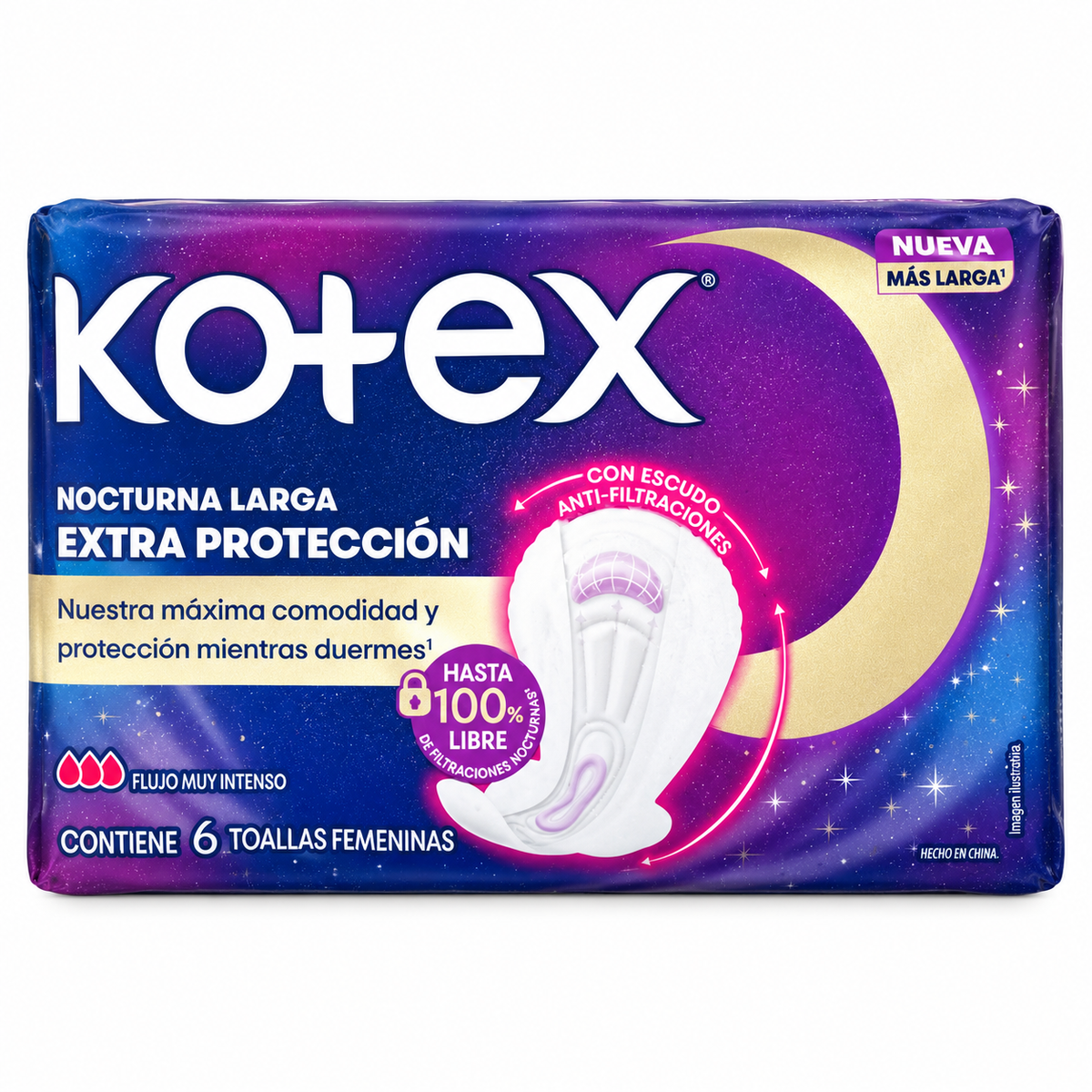 Kotex Nocturna Larga Extra Protección Overnight Pads – 6 Count