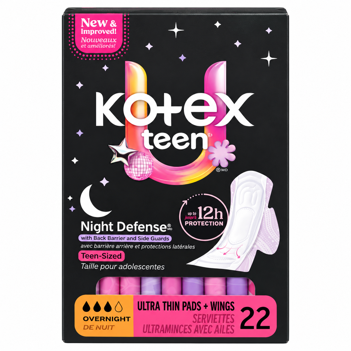 Kotex Teen Night Defense Ultra Thin Overnight Pads with Wings – 22 Count