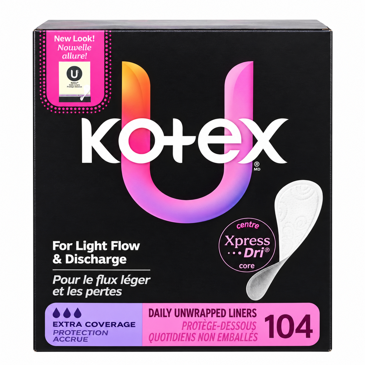 Kotex Daily Unwrapped Liners – Extra Coverage – 104 Count