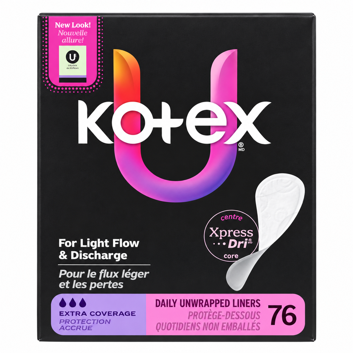 Kotex Daily Unwrapped Liners – Extra Coverage – 76 Count
