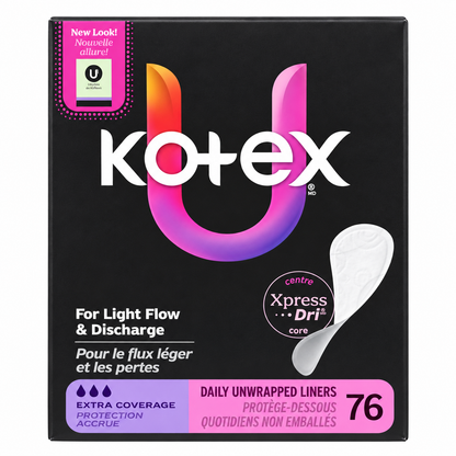 Kotex Daily Unwrapped Liners – Extra Coverage – 76 Count