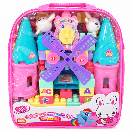 Castle & Windmill Building Blocks in Carry Bag – 62 Pieces in retail packaging on white background