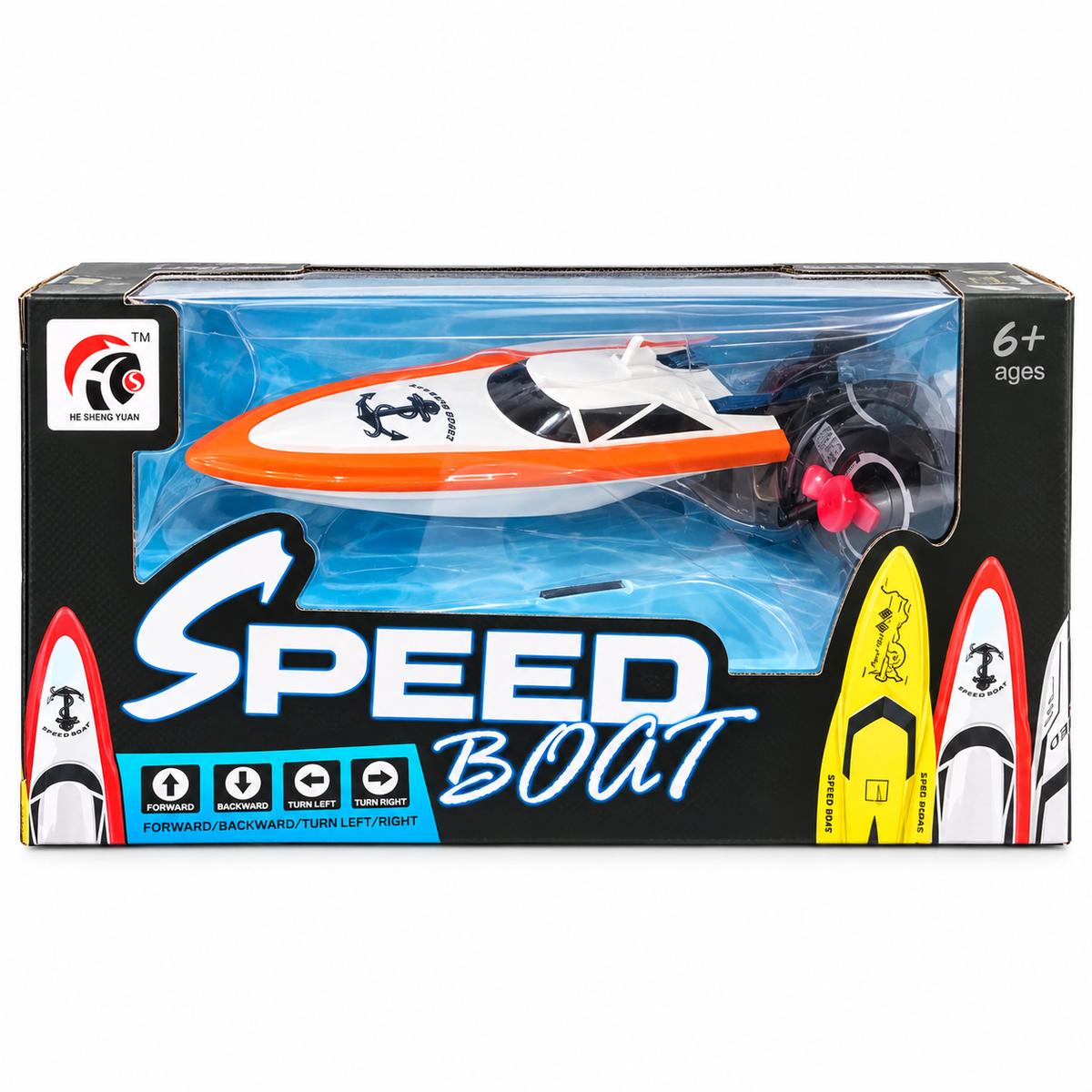 He Sheng Yuan Remote Control Speed Boat – Orange & White in retail packaging on white background