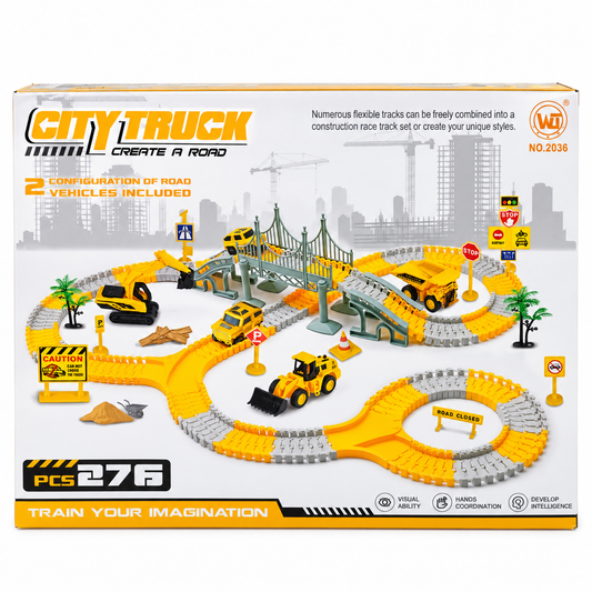 City Truck No. 2036 Construction Track Playset – 276 Pieces in retail packaging on white background