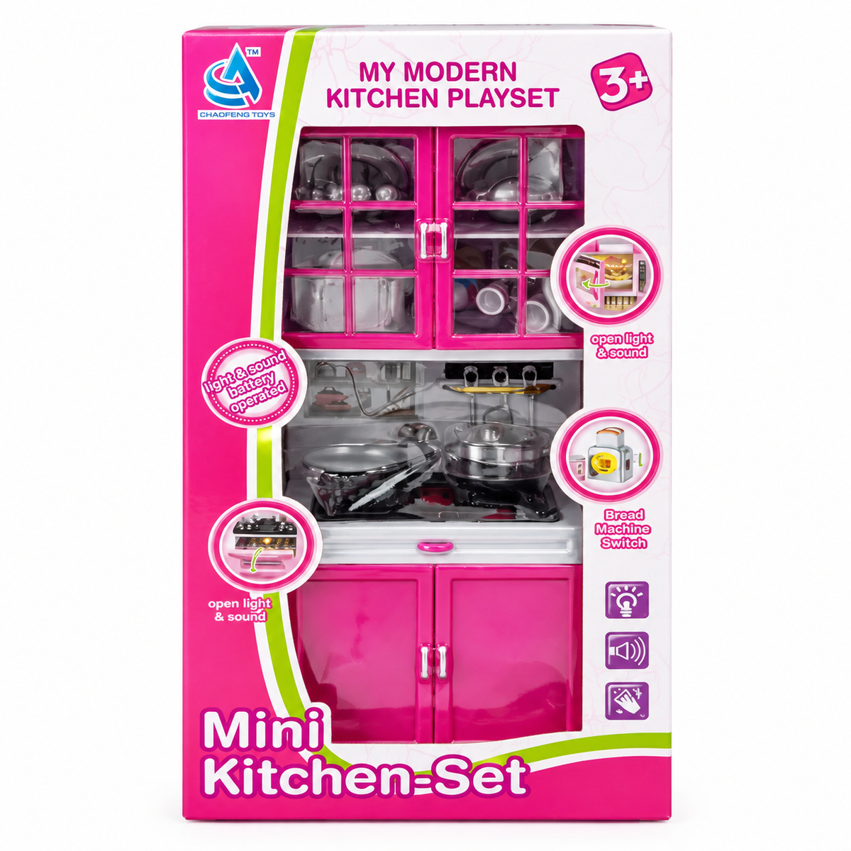 Chaofeng My Modern Mini Kitchen Playset – Pink in retail packaging on white background