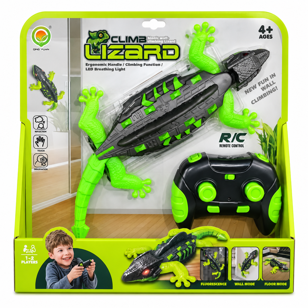 Qing Yuan Climb Lizard Remote Control Toy – Green & Grey in retail packaging on white background