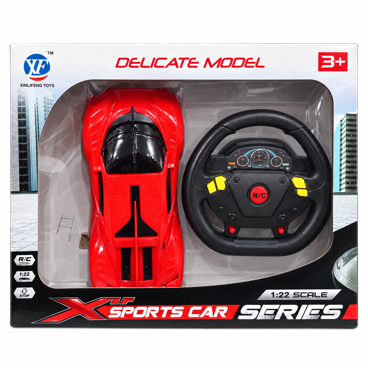 Xinlifeng RC Sports Car with Steering-Wheel Controller – Red, 1:22 in retail packaging on white background