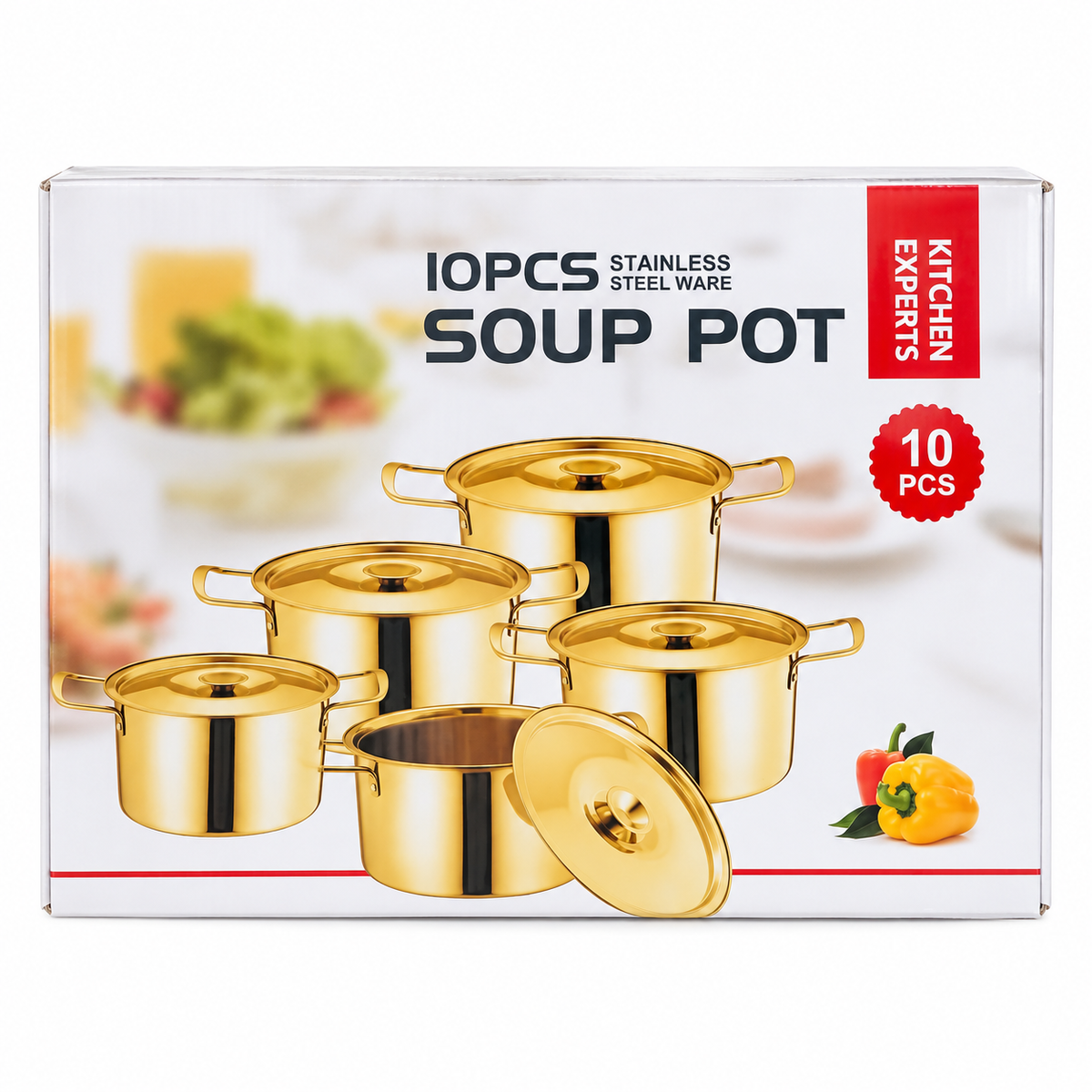 Kitchen Experts 10-Piece Gold-Tone Soup Pot Set retail packaging