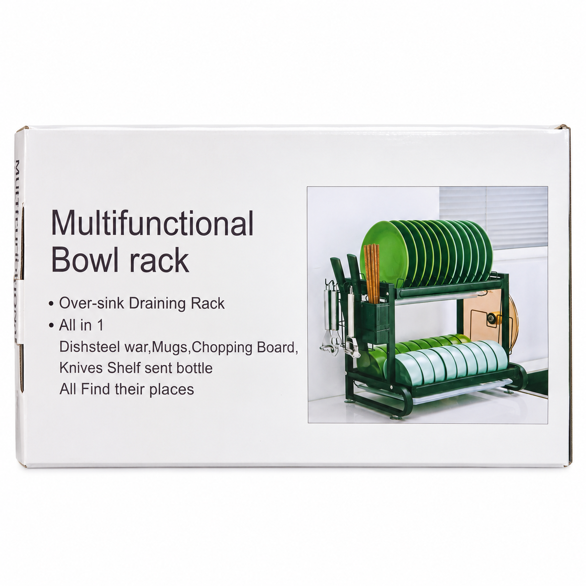 Green 2-Tier Multifunctional Dish Drying Rack retail packaging