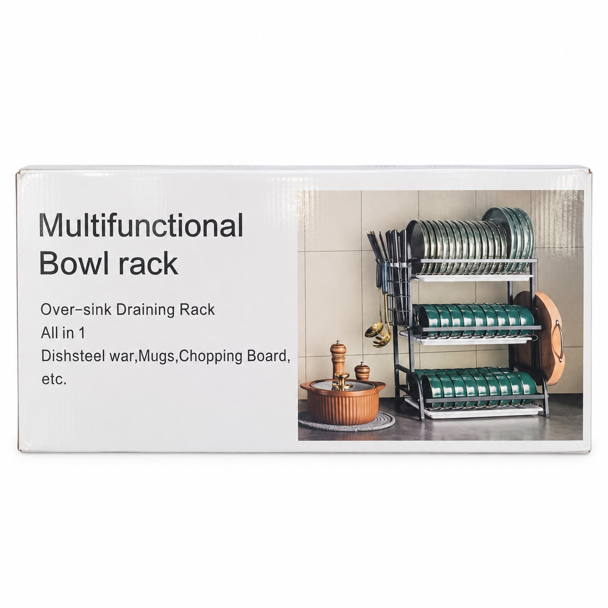 Black 3-Tier Multifunctional Dish Drying Rack retail packaging
