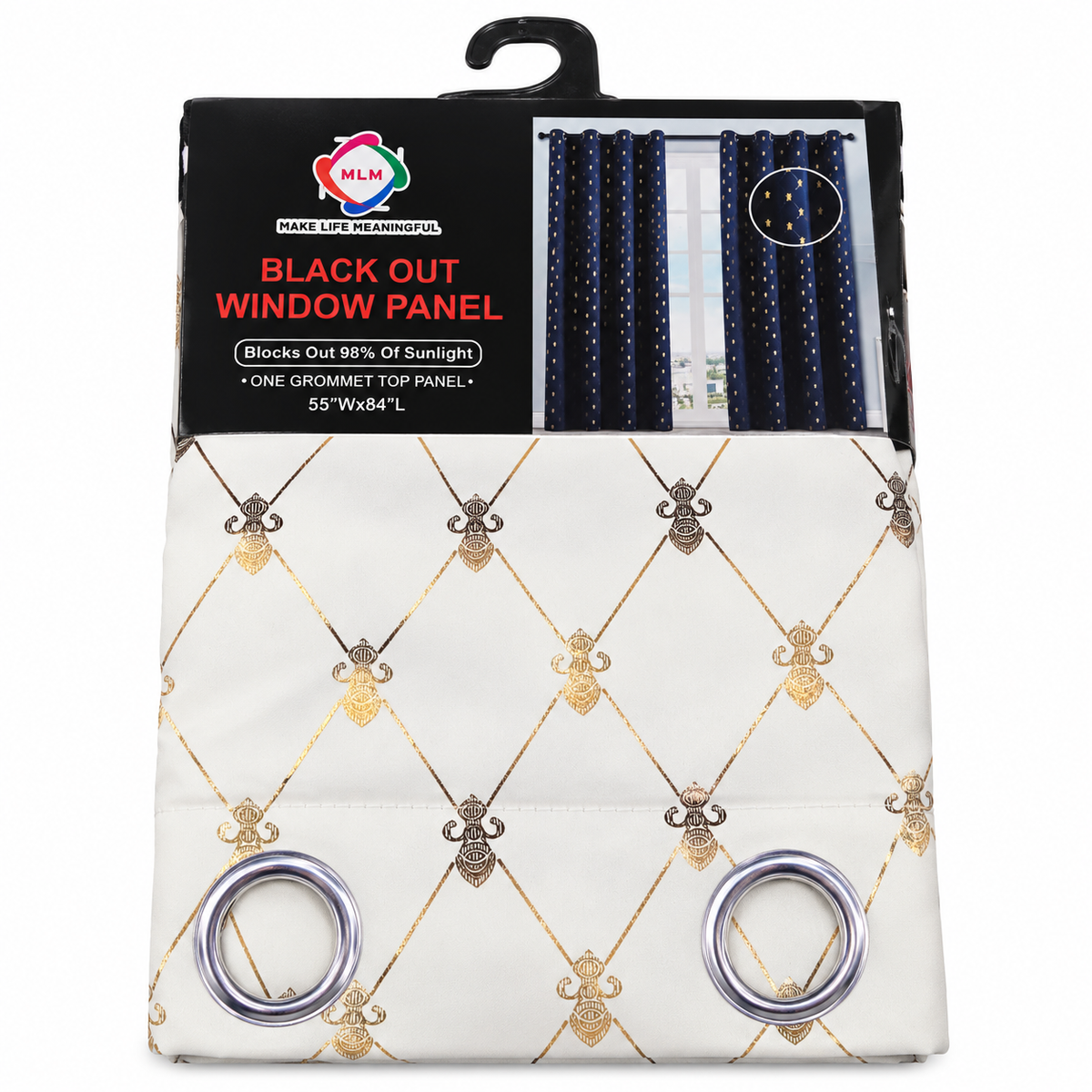MLM Gold Lattice Blackout Curtain Panel – 55 × 84 in – White